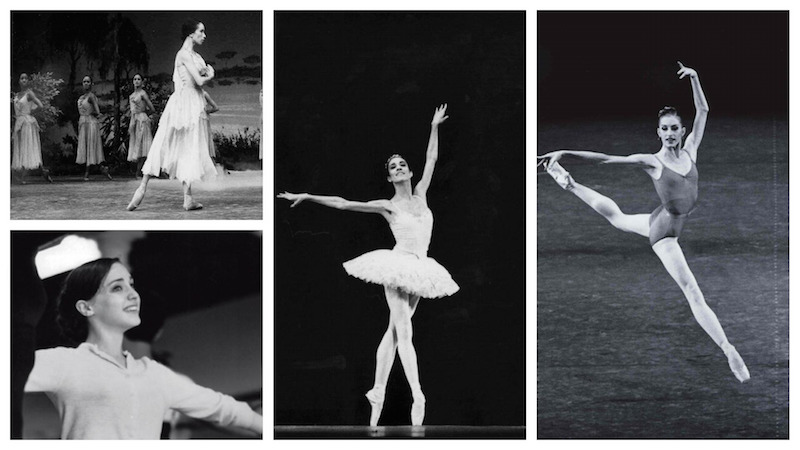 A collage of black and white photographs of the four ballerinas dancing during their performance careers